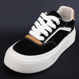 韩版松糕厚底板鞋男2025新款真皮拼色时尚休闲鞋轻软舒适增高鞋子