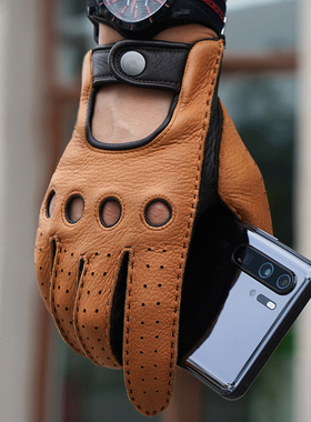 罗欧蒂斯男士哈雷复古机车鹿皮手套摩托车骑行驾驶开车镂空皮手套