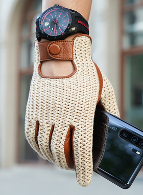 罗欧蒂斯男士触屏皮手套编织背秋冬季薄款防滑骑摩托车开车皮手套