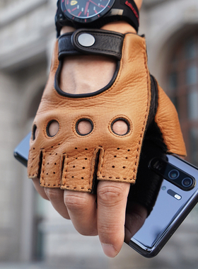 罗欧蒂斯男士复古机车手套哈雷摩托车骑行驾驶开车半指鹿皮手套薄