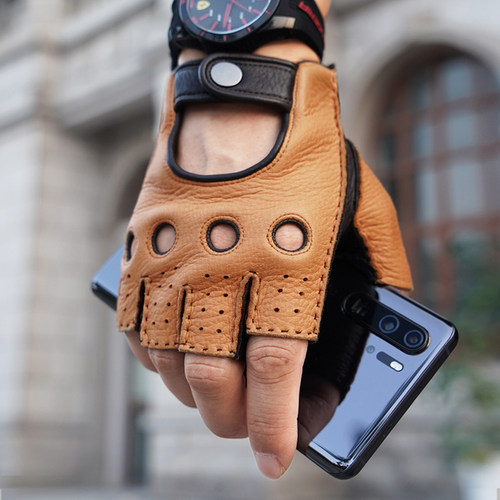 罗欧蒂斯男士复古半指鹿皮手套