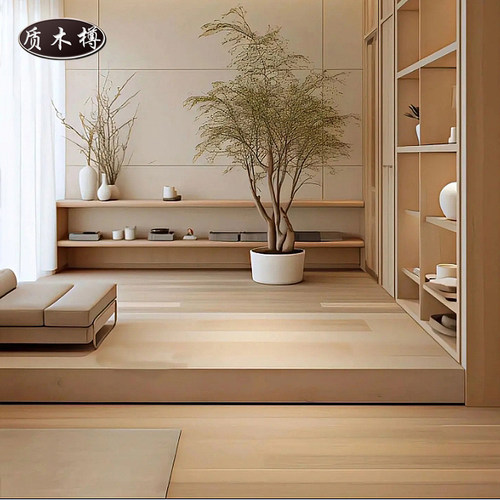 定制全实木地台一体床榻榻米矮床民宿客厅阳台储物灯带悬浮地台床