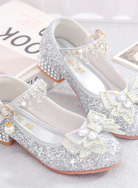 高跟公主鞋女童单鞋春秋新款演出主持礼服鞋儿童小皮鞋宝宝水晶鞋