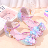 夏季 新款 儿童水晶鞋 女童高跟凉鞋 中大童软底彩虹色鱼嘴女孩公主鞋