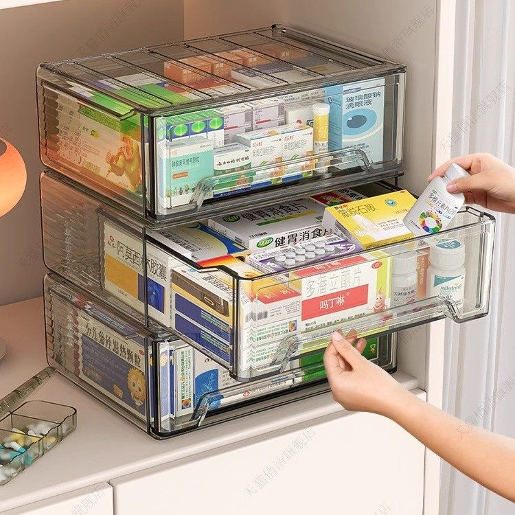 抽屉式家药箱家用大容量医药箱透明可视药物收纳盒可叠加储物神器