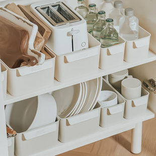 厨房台面收纳盒带拉手橱柜锅具调料厨具整理筐带轮窄收纳筐调料盒