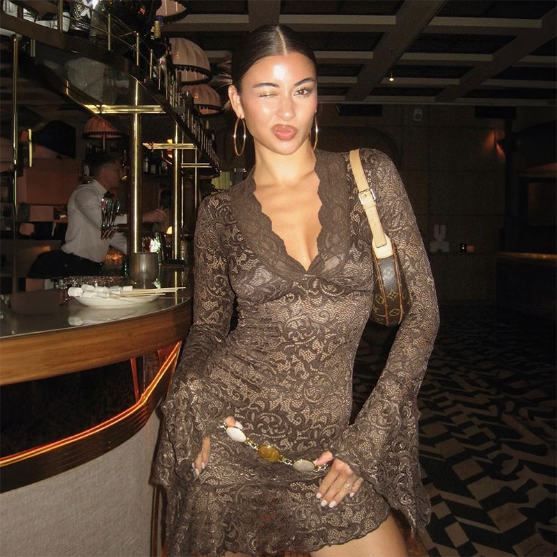 欧美跨境 春季纯色性感V领蕾丝拼接连衣裙荷叶边透视包臀女装短裙