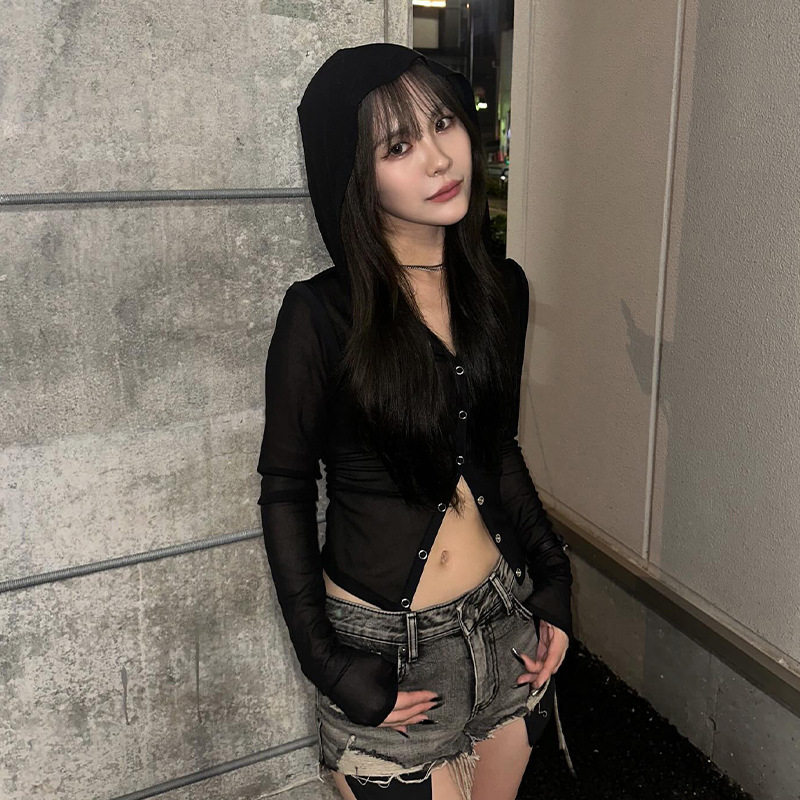 辣妹拽酷2024 秋季新款纯色连帽长袖废土个性短款女装薄款t恤上衣
