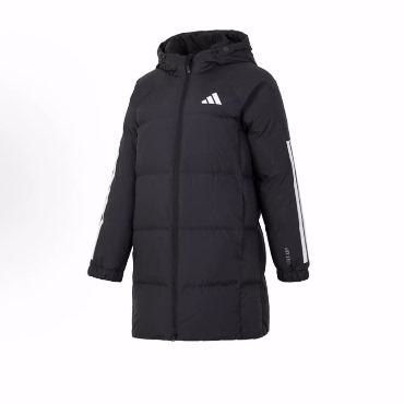adidas 运动生活系列 连帽保暖拉链长袖长款羽绒服 女款 黑色