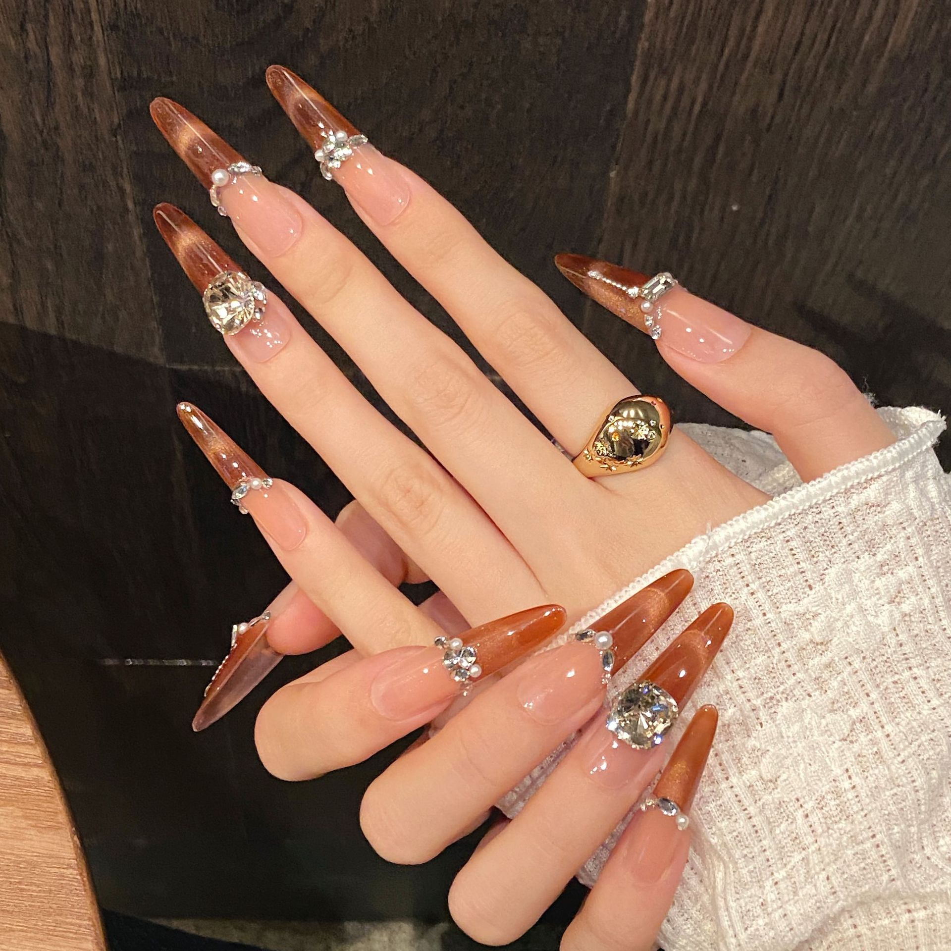 茶棕乌龙可拆卸渐变法式穿戴甲