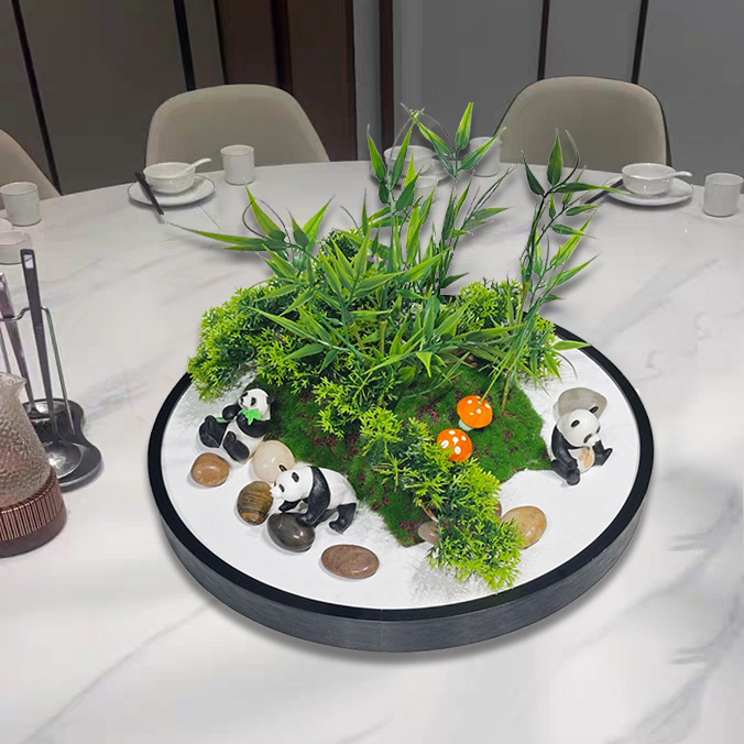 新中式大圆桌中间转盘摆花酒店餐桌摆件桌芯装饰假花摆设桌花盆景