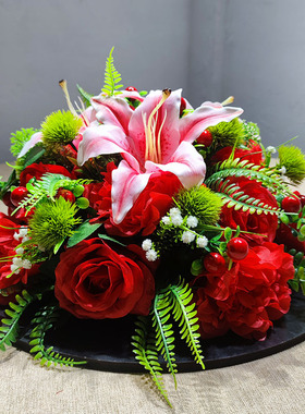 高档酒店大圆桌中间摆花餐桌转盘花圆形台花仿真装饰假花餐厅牡丹