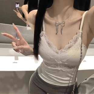 MOKA法式 纯欲V领蕾丝拼接镂空带胸垫吊带背心女内搭打底美背文胸