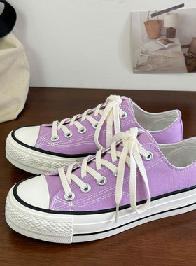 浅紫色低帮厚底增高时尚青春潮流系带港风休闲复古百搭学院帆布鞋