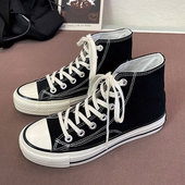 青春潮流韩版 百搭男女同款 情侣港风休闲款 黑色时尚 学院系带帆布鞋