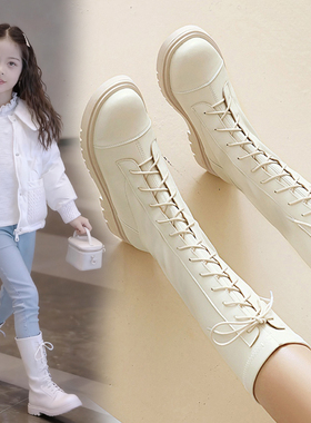 女童长筒靴子小女孩白色高筒靴走秀儿童鞋2025秋冬新款中大童长靴