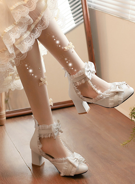 女童礼仪走秀花童演出高跟鞋白色儿童洛丽塔公主鞋国风古风高跟鞋