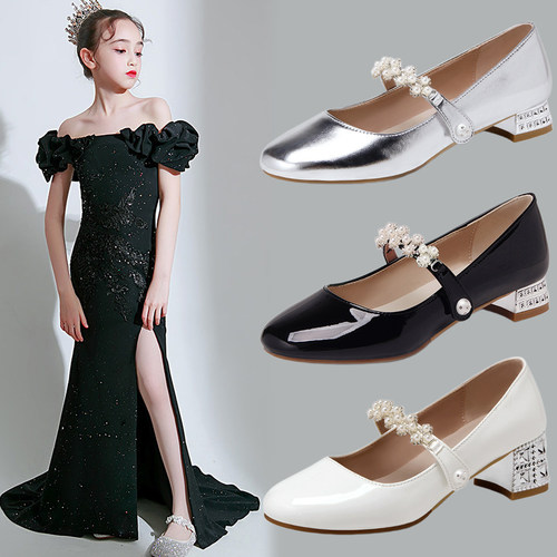 女童黑色皮鞋2026春秋儿童高跟鞋公主钢琴走秀演出鞋水晶配礼服鞋