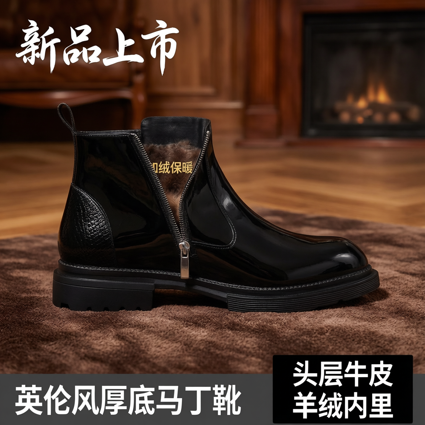 新品切尔西皮鞋头层牛皮羊绒内里秋冬季加绒高帮英伦风厚底马丁鞋