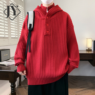 秋冬新品假两件设计款高领连帽毛衣男韩系慵懒风保暖线衣针织上衣