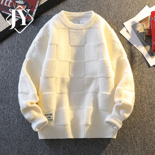 秋冬季青少年潮流厚款宽松圆领内搭套头针织衫红色学生毛衣男外套