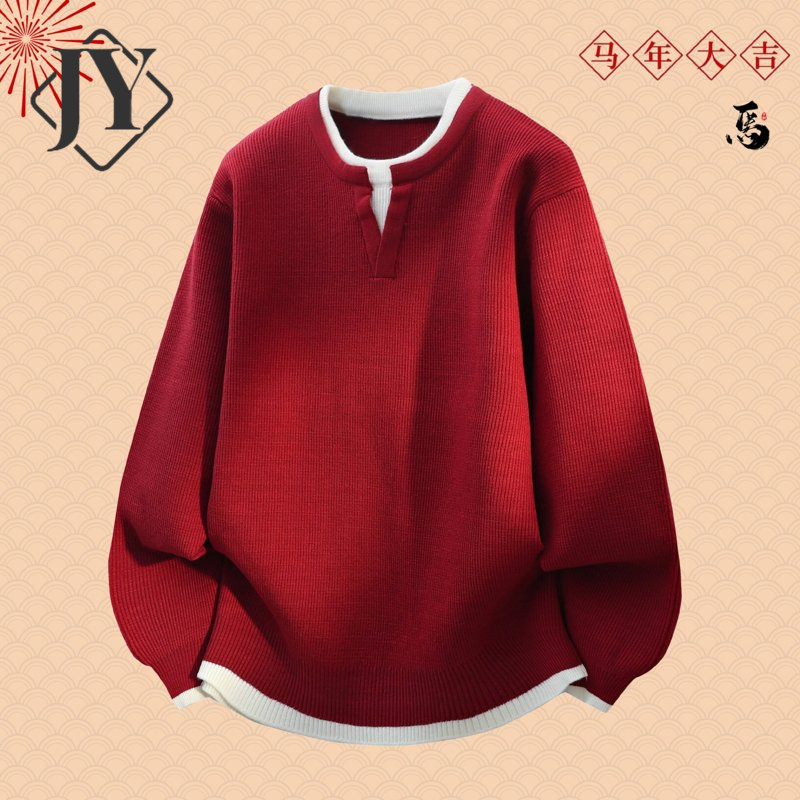 假两件新年红色圆领毛衣男女同款秋冬季新款情侣上衣本命年针织衫