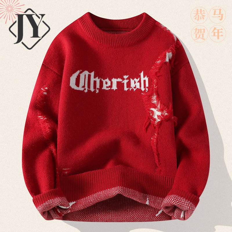 破洞设计感圆领小众红色毛衣男