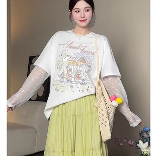 T恤女2025夏季 韩系甜美印花宽松显瘦短袖 设计感蕾丝拼接宽松上衣