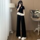 休闲显瘦短袖 2025夏季 时尚 气质黑色减龄套装 雪纺拼接两件套女 新款