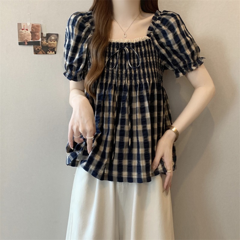 大码复古方领甜美格子短袖衬衫女
