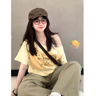 斜肩格子拼接短袖t恤女装2026新款夏季绝美设计感小众多巴胺上衣