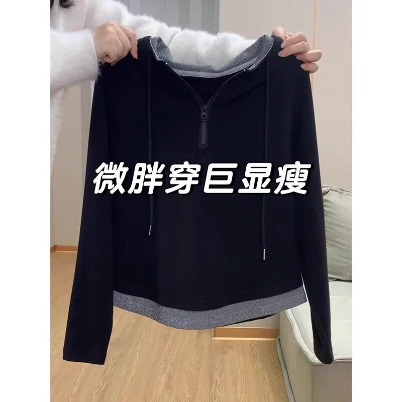 大码女装胖mm半拉链连帽早秋新款