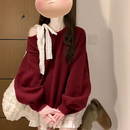 甜美宽松显瘦上衣 休闲露肩套头衫 大码 高级感慵懒风红色卫衣女秋季