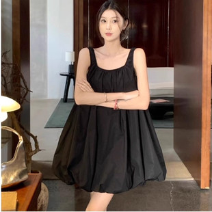 冷淡系独特别致套装2025夏季舒适时尚极简黑色无袖宽松花苞连衣裙