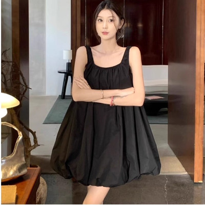 冷淡系独特别致套装2025夏季舒适时尚极简黑色无袖宽松花苞连衣裙