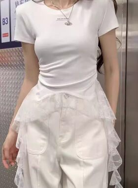 夏季蕾丝飘带短袖T恤女装