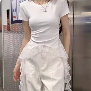 夏季新款辣妹风蕾丝飘带短袖T恤女装小众不规则收腰显瘦正肩上衣