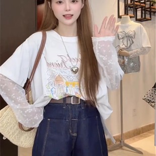 t恤女夏季 韩系甜美风蕾丝拼接假两件短袖 慵懒风宽松显瘦百搭上衣