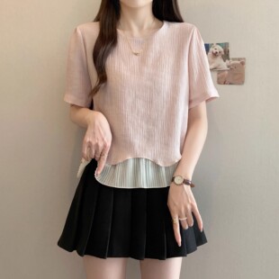 韩系正肩假两件短袖t恤女装2025夏季新款宽松设计感褶皱短款上衣