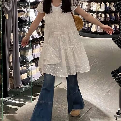 可盐可甜连衣裙女夏季飞袖显瘦宽松白色A型裙子温柔风桔梗中长裙