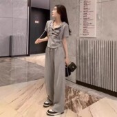 女装 休闲灰色阔腿裤 今年流行爆款 女2025新款 夏卡通印花两件套 套装