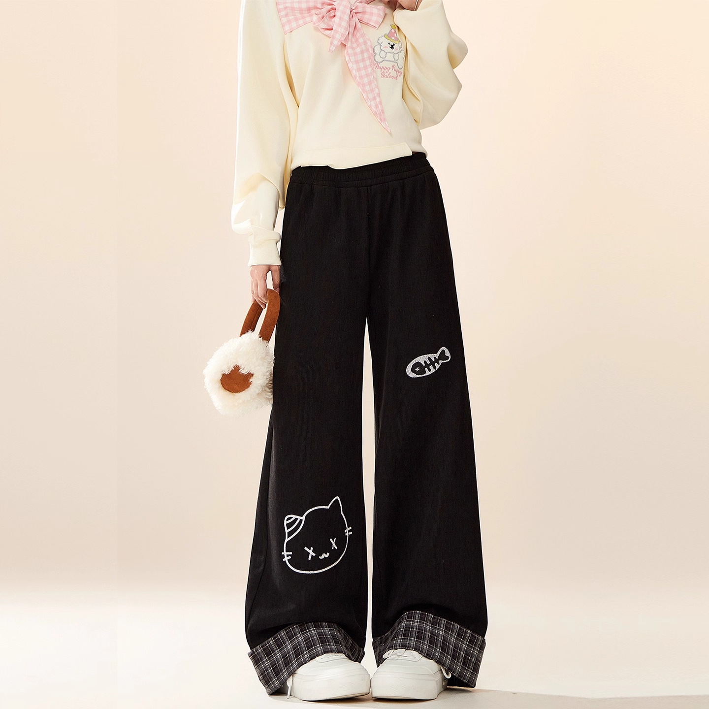 秋冬季大码女装学院风减龄猫咪印花休闲卫裤女胖mm加绒加厚休闲裤