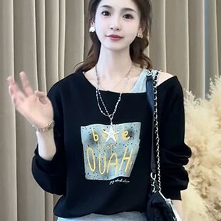 卫衣女显瘦露肩上衣 假两件背心拼接长袖 早秋2025新款 胖mm遮肉大码