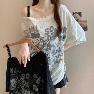 设计感小众宽松显瘦百搭露肩上衣 美式 辣妹复古短袖 T恤女夏季 新款