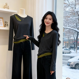韩系假两件套头洋气小上衣独特2025秋冬打底衫长袖通勤时尚t恤女