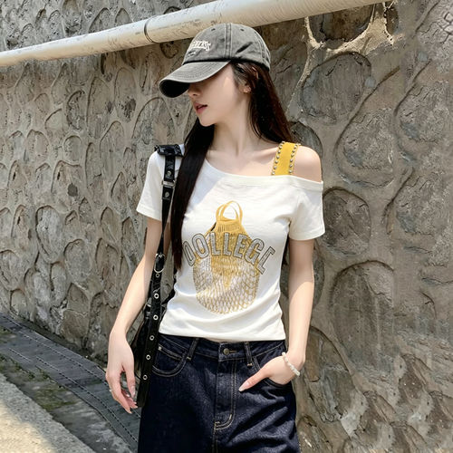 大码假两件斜肩短袖t恤女夏季2026年新款洋气多巴胺高端收腰上衣