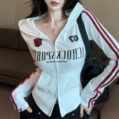 外套女美式 开衫 字母印花撞色上衣 口袋长袖 街头酷辣连帽双拉链修身