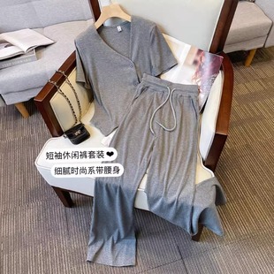 上衣微胖显瘦套装 大码 搭配一整套小香风短袖 夏季 女遮肚两件套 夏装