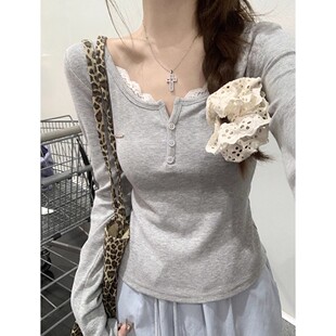 纯欲风蕾丝花边2025秋季新款修身正肩长袖t恤女设计感别致小上衣