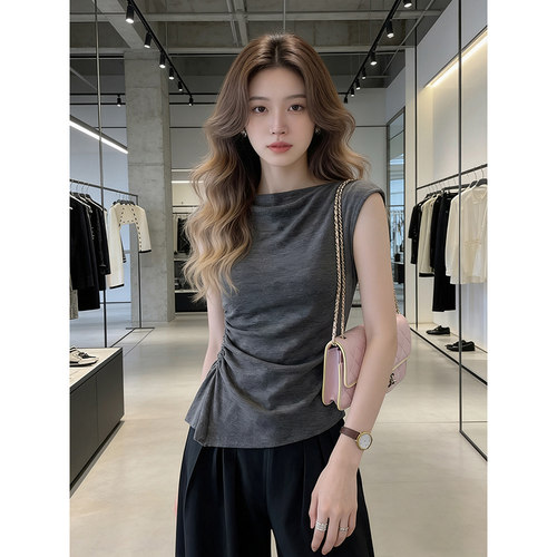 大码褶皱小飞短袖T恤女2026年夏季新款别致洋气显瘦短款修身上衣